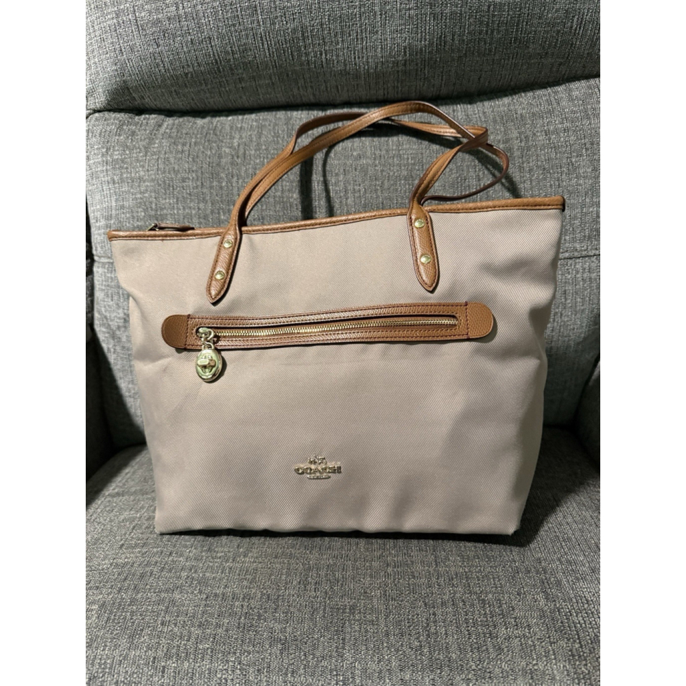 Coach Sawyer Tore Bag Taupe Canvas With Leather Trim Shoulder Purse